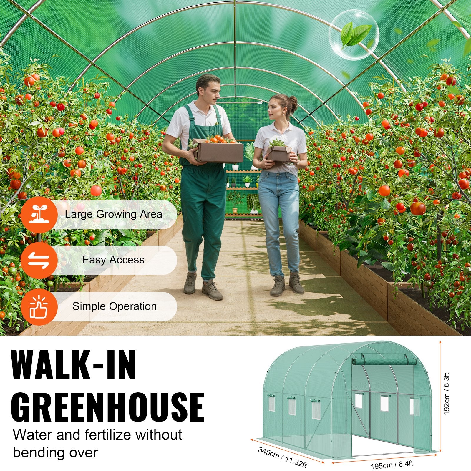 Walk-in Tunnel Greenhouse 11.32x6.4x6.3ft Galvanized Frame PE Cover Green V952-SDXWS12X7X7F5RQUZV0