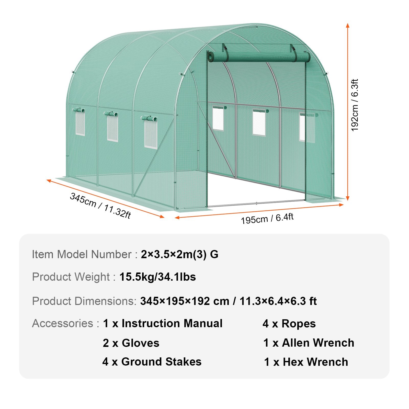 Walk-in Tunnel Greenhouse 11.32x6.4x6.3ft Galvanized Frame PE Cover Green V952-SDXWS12X7X7F5RQUZV0