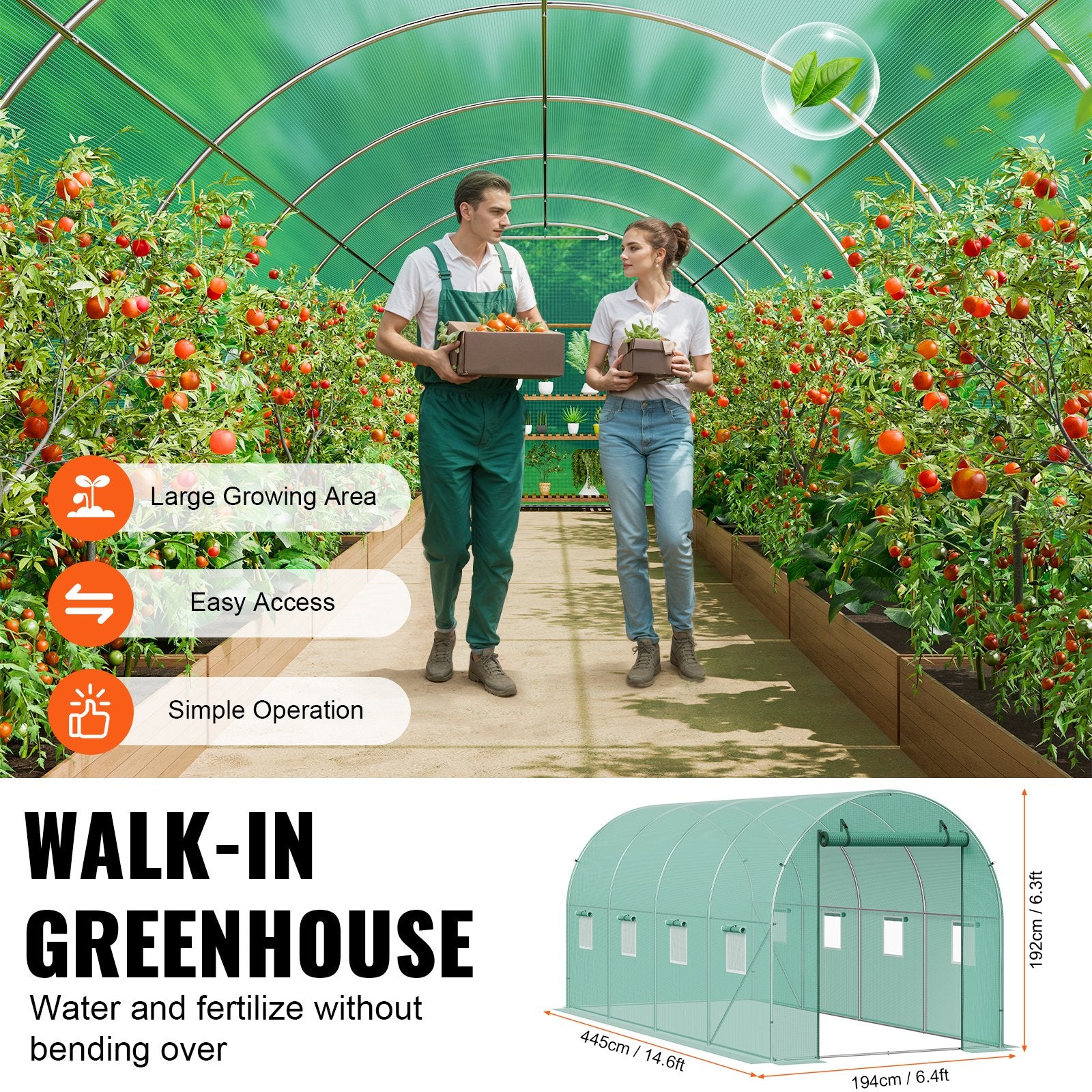 Walk-in Tunnel Greenhouse 14.6x6.36x6.3ft Galvanized Frame PE Cover Green V952-SDXWS15X7X7FO6TUWV0