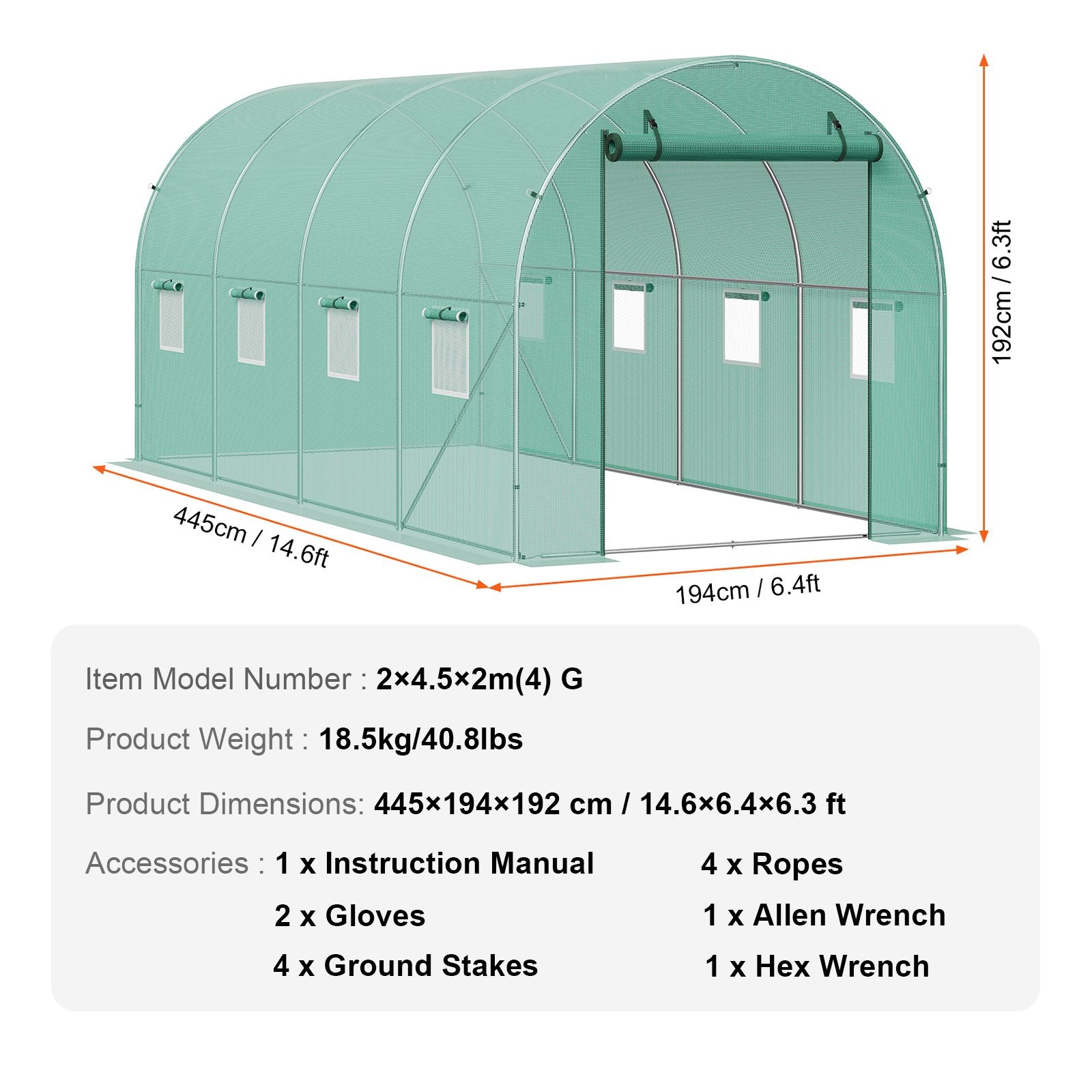 Walk-in Tunnel Greenhouse 14.6x6.36x6.3ft Galvanized Frame PE Cover Green V952-SDXWS15X7X7FO6TUWV0