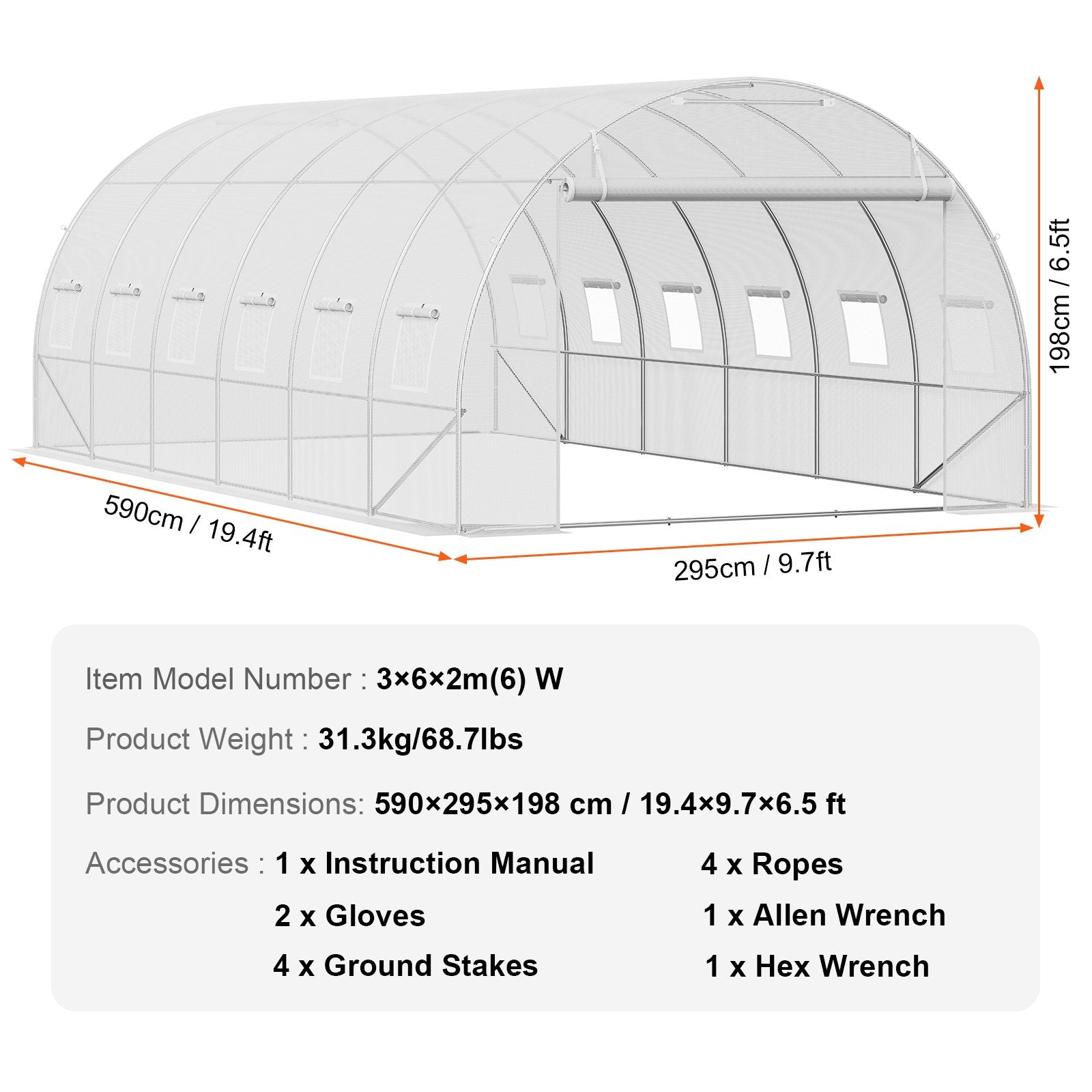 Walk-in Tunnel Greenhouse, 19.4x9.7x6.5 ft Hoop House Greenhouse Tunnel, Plant Hot House with Galvanized V952-SDXWS20X10X78IHE2V0