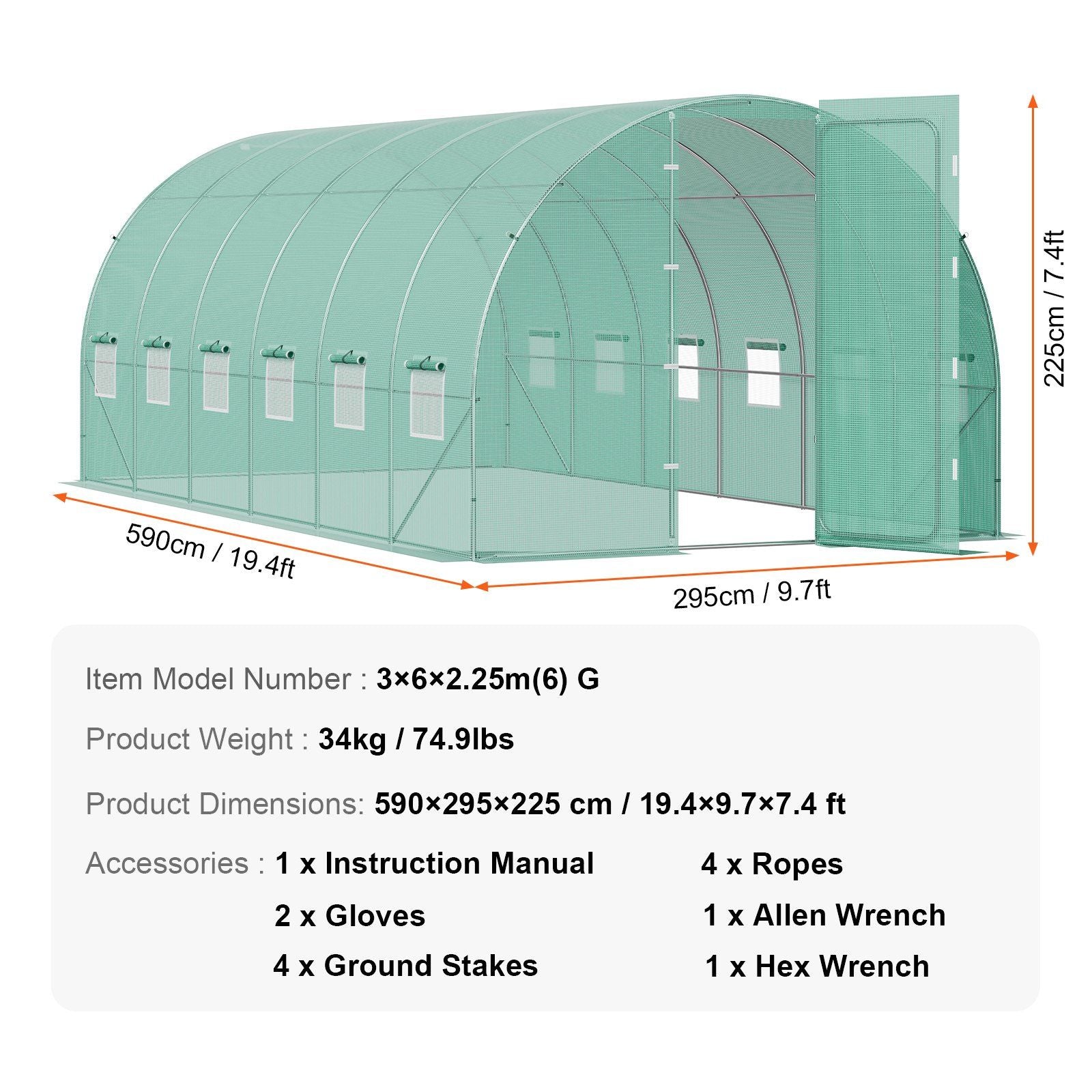 Walk-in Tunnel Greenhouse, 19.4x9.7x7.4 ft Hoop House Greenhouse Tunnel, Plant Hot House with Galvanized V952-SDXWS20X10X7C44VZV0