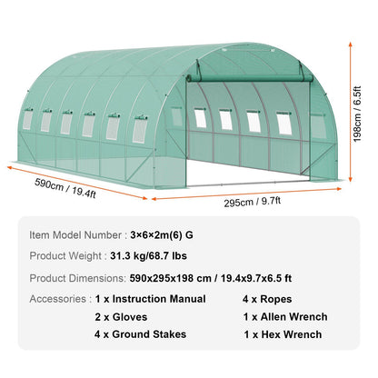 Walk-in Tunnel Greenhouse, 19.4x9.7x6.5 ft Hoop House Greenhouse Tunnel, Plant Hot House with Galvanized V952-SDXWS20X10X7U1NJ3V0