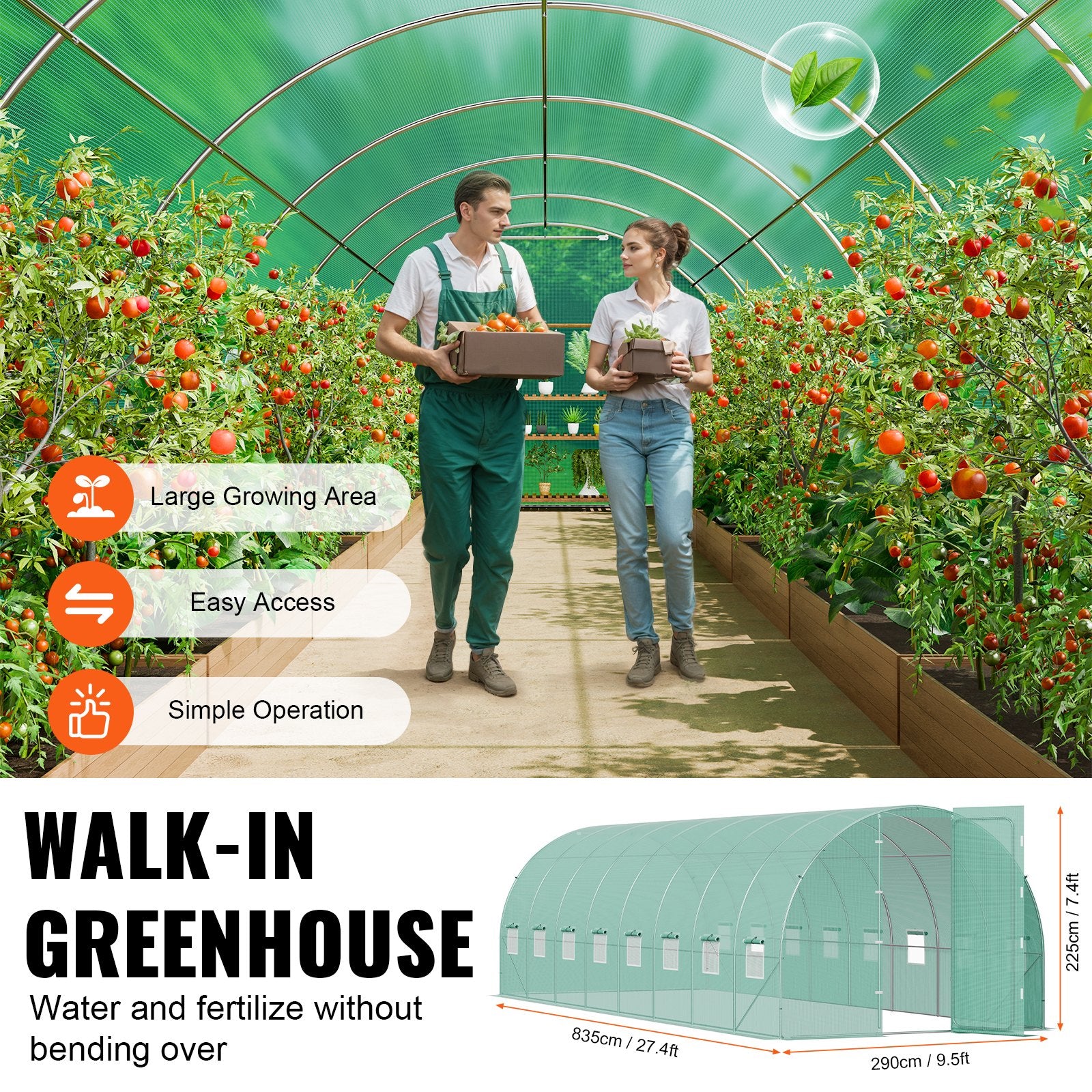 Walk-in Tunnel Greenhouse 27.38x9.5x7.38ft Galvanized Frame PE Cover Green V952-SDXWS28X10X7PC4TOV0