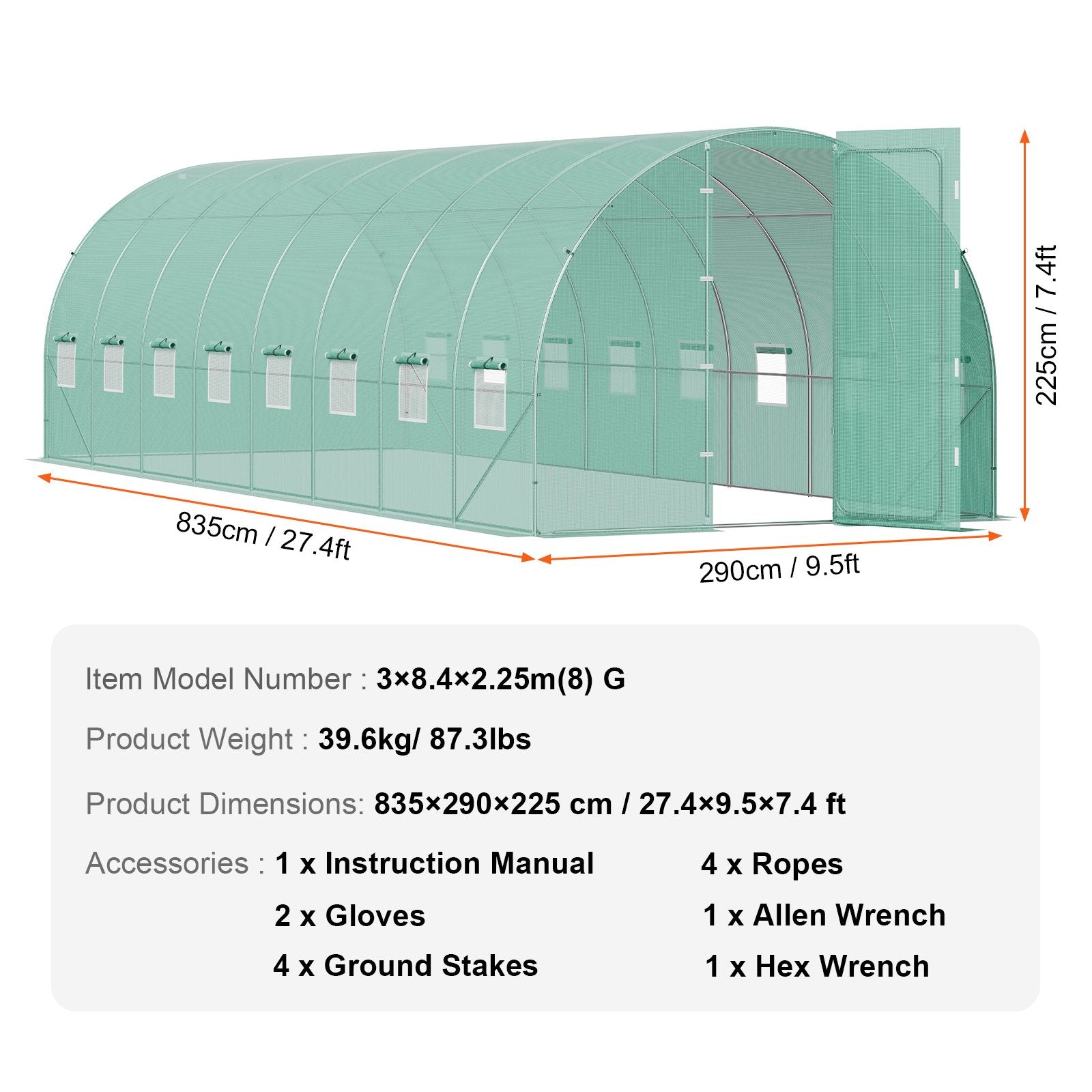 Walk-in Tunnel Greenhouse 27.38x9.5x7.38ft Galvanized Frame PE Cover Green V952-SDXWS28X10X7PC4TOV0