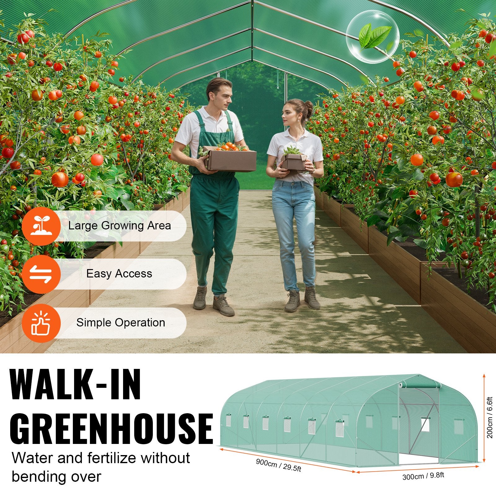 Walk-in Tunnel Greenhouse, 29.5x9.8x6.6 ft Hoop House Greenhouse Tunnel, Peaked Roof Plant Hot House with V952-SDXWS30X10X7FTY13V0