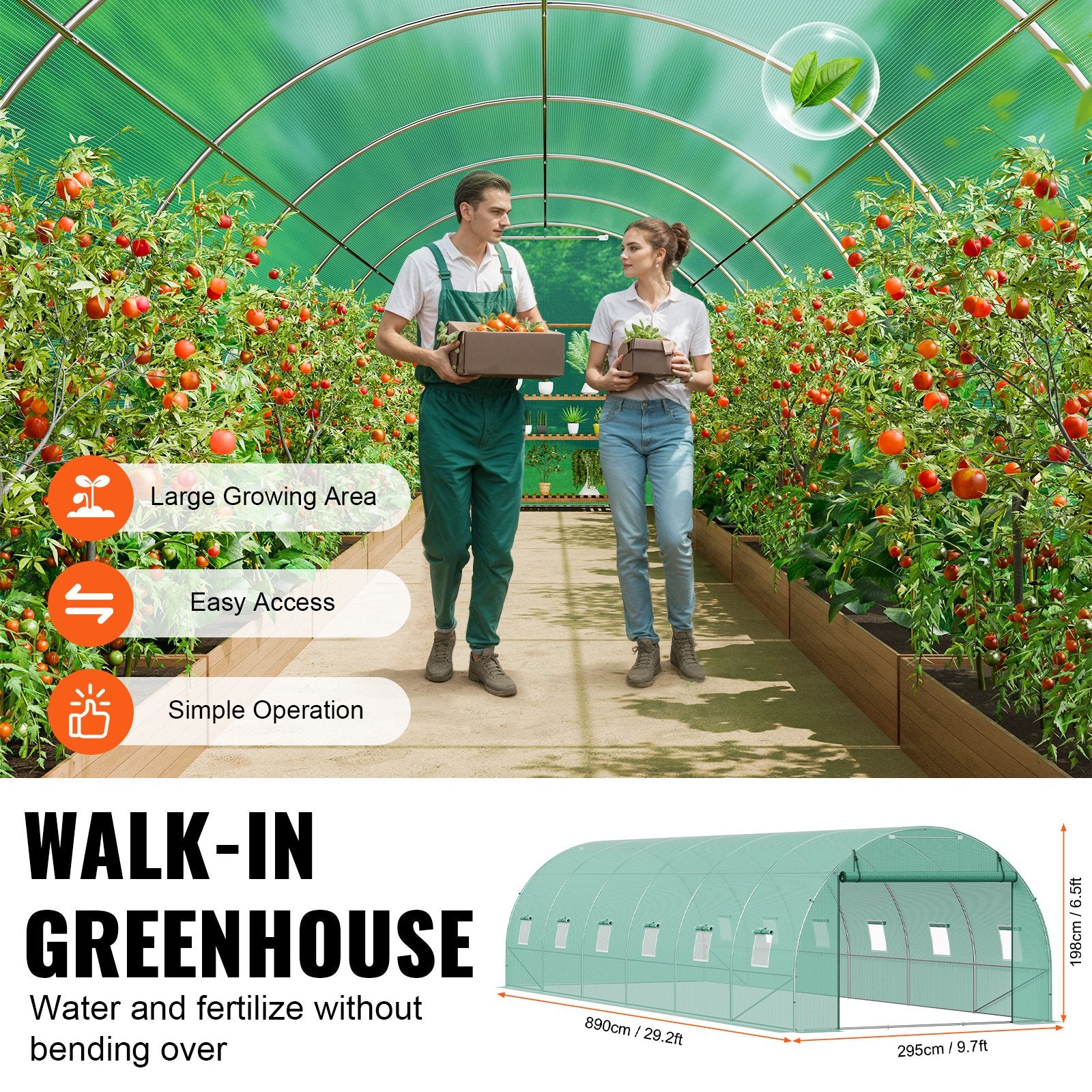 Walk-in Tunnel Greenhouse 29.2x9.7x6.5ft Galvanized Frame PE Cover Green V952-SDXWS30X10X7LDOYEV0
