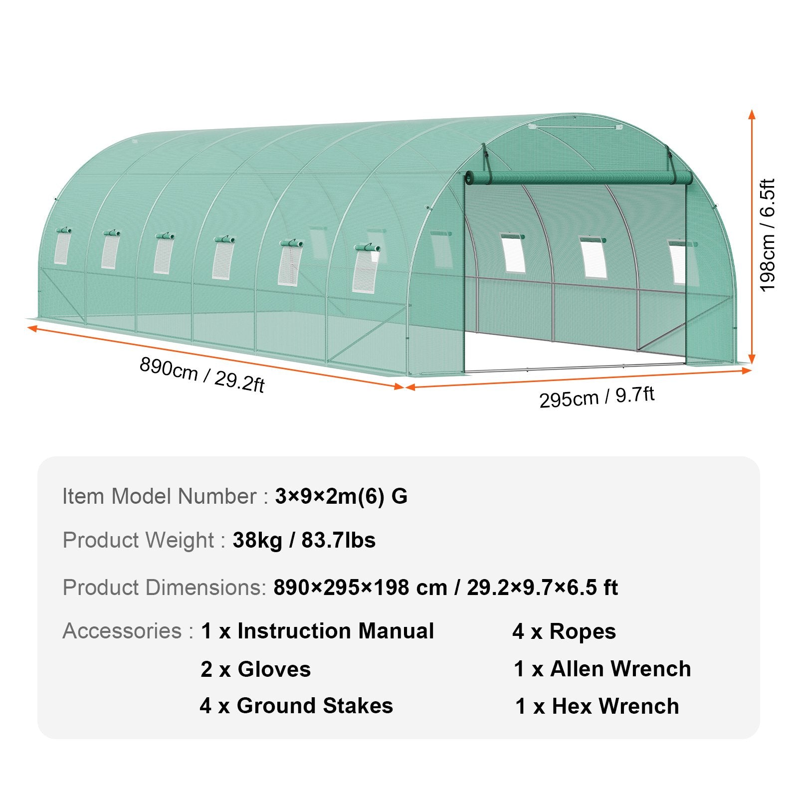 Walk-in Tunnel Greenhouse 29.2x9.7x6.5ft Galvanized Frame PE Cover Green V952-SDXWS30X10X7LDOYEV0