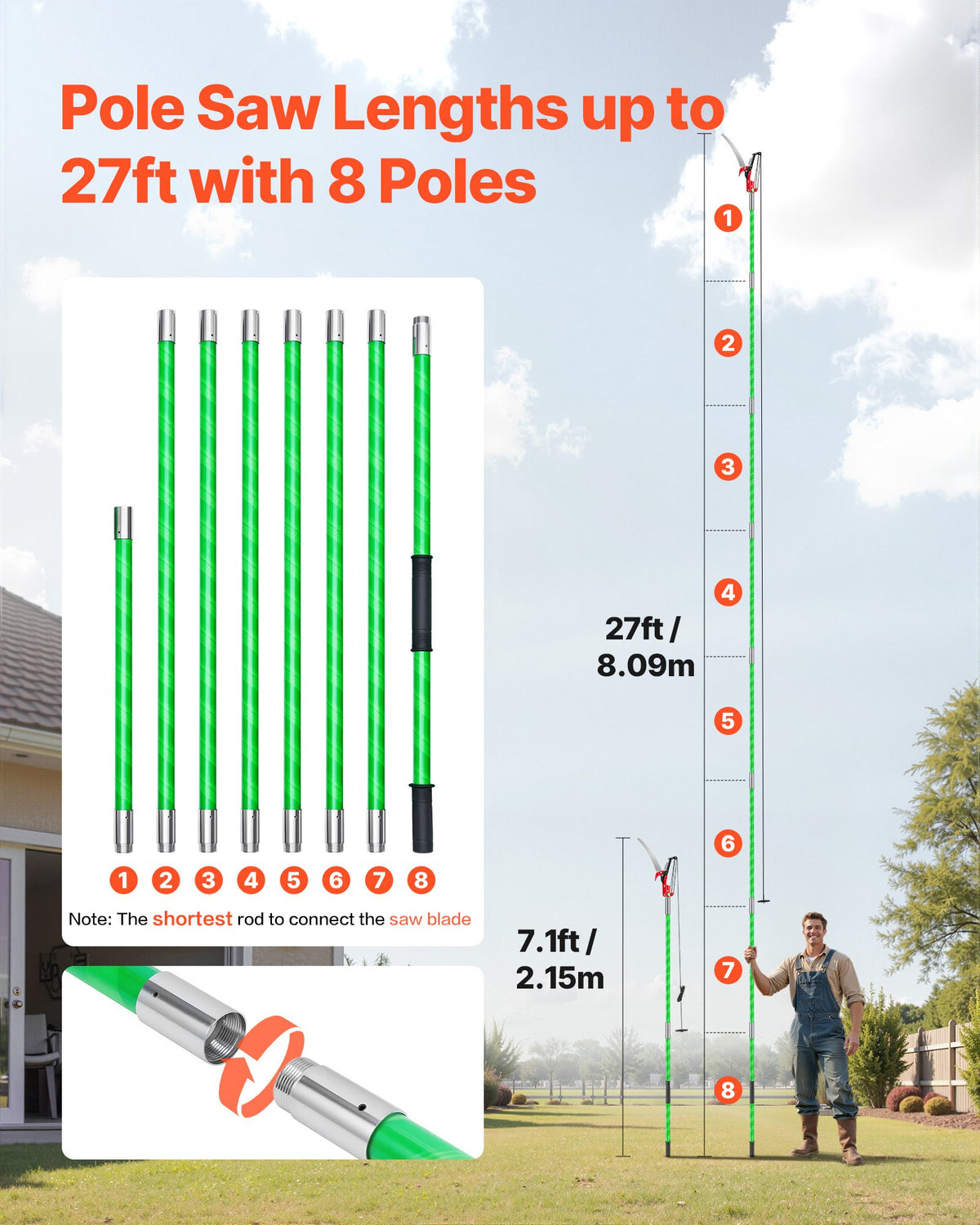 Manual Pole Saw, 118-809.3 cm Extendable Pole Tree Pruner with Scissors, Sharp 65Mn Steel Blade, Lightweight V952-SDXZJBXZZK8M58IMZ001V0