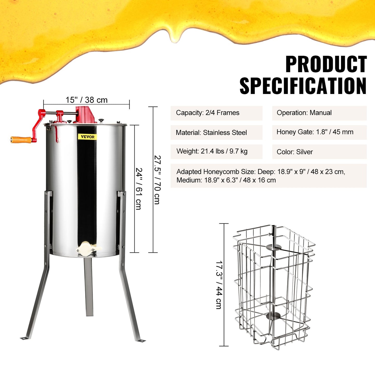 Manual Honey Extractor, 2/4 Frames Honey Spinner Extractor, Stainless Steel Beekeeping Extraction, Honeycomb V952-SDYMJBXGY1524JECGV0
