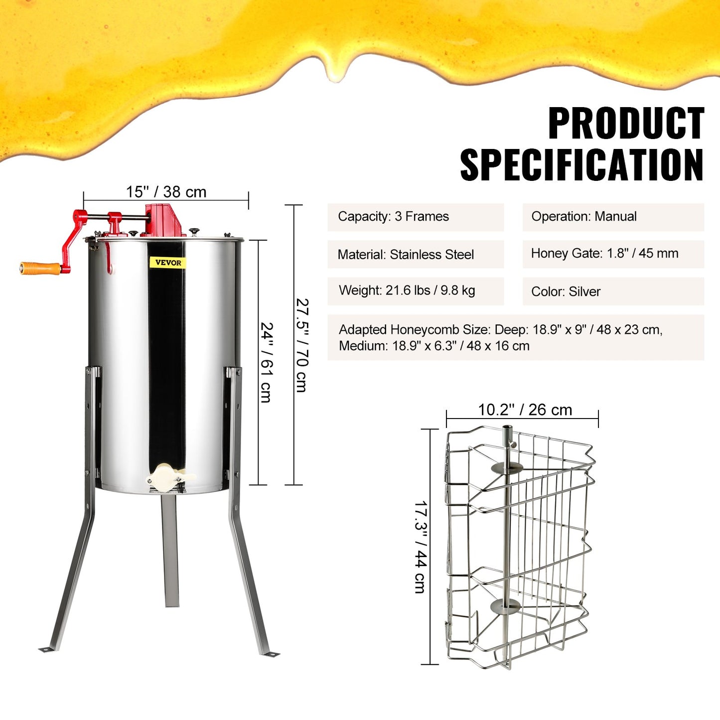 Manual Honey Extractor, 3 Frames Honey Spinner Extractor, Stainless Steel Beekeeping Extraction, Honeycomb V952-SDYMJBXGYC153X6H5V0