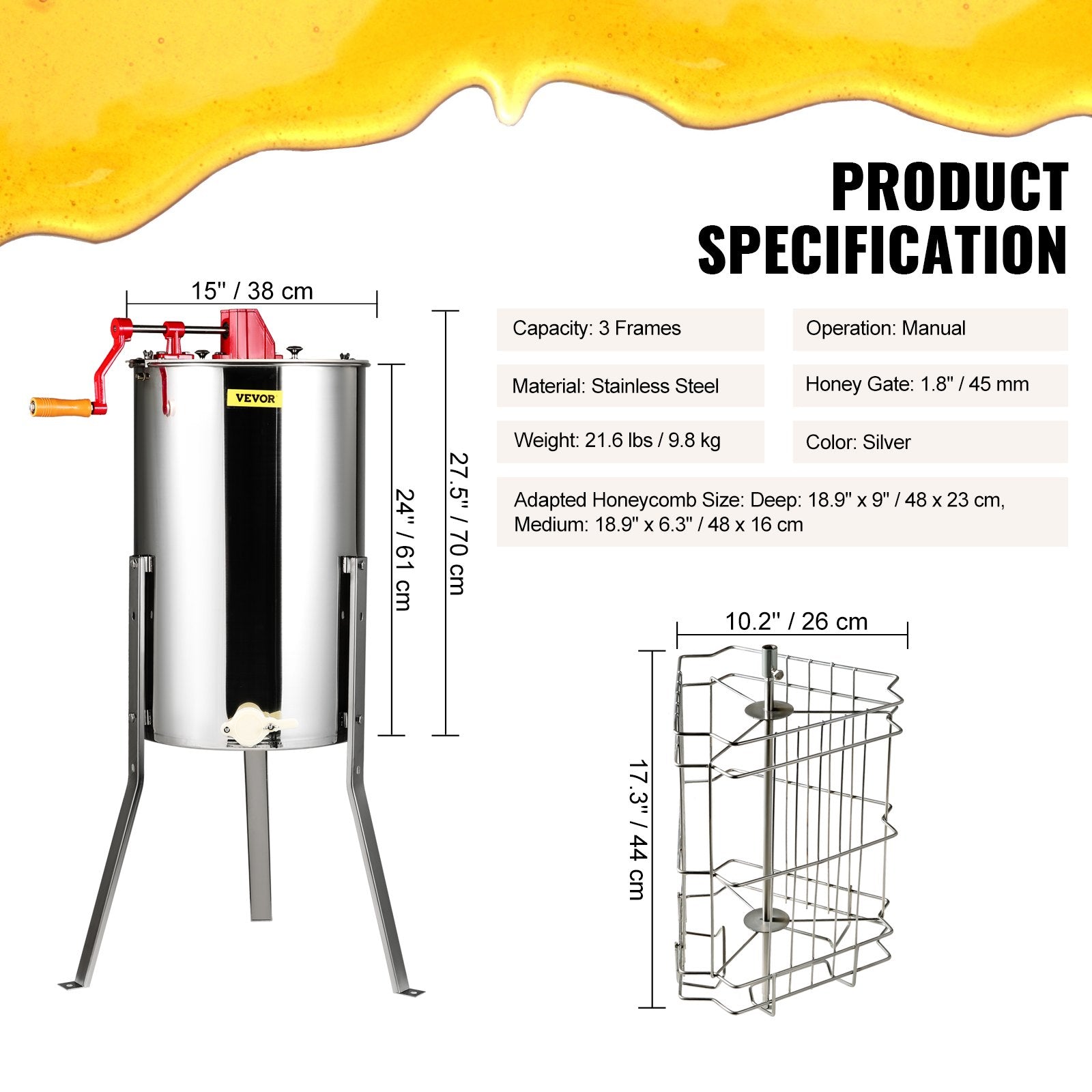 Manual Honey Extractor, 3 Frames Honey Spinner Extractor, Stainless Steel Beekeeping Extraction, Honeycomb V952-SDYMJBXGYC153X6H5V0