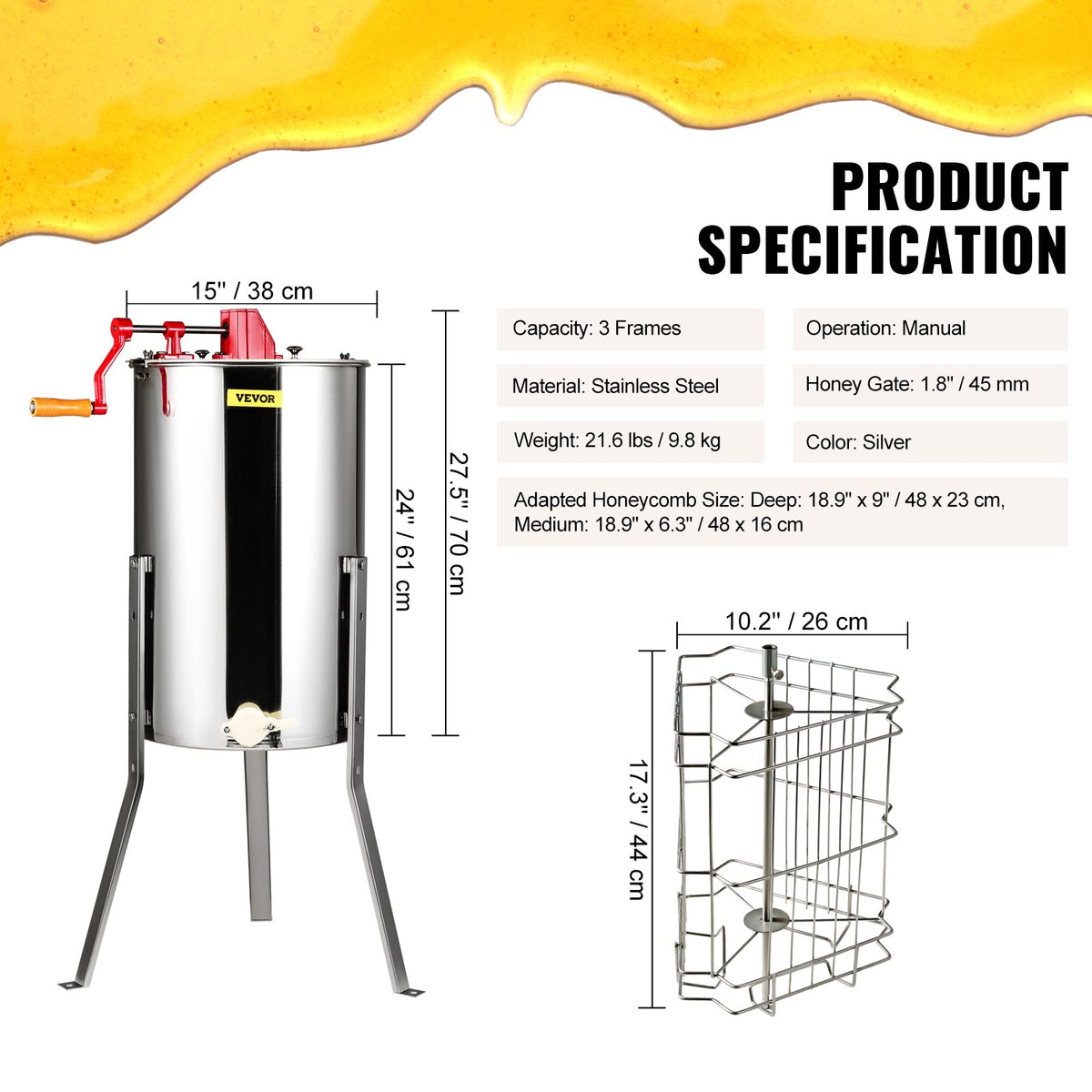 Manual Honey Extractor, 3 Frames Honey Spinner Extractor, Stainless Steel Beekeeping Extraction, Honeycomb V952-SDYMJBXGYC153X6H5V0