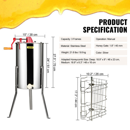 Manual Honey Extractor, 3 Frames Honey Spinner Extractor, Stainless Steel Beekeeping Extraction, Honeycomb V952-SDYMJBXGYC153X6H5V0