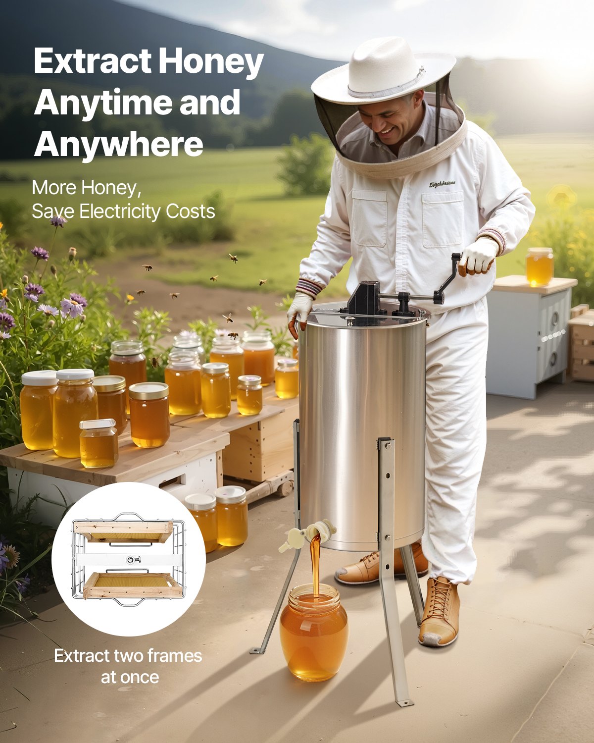 Honey Extractor, 2 Frame Manual Honey Spinner with Transparent Lid, Stainless Steel Honeycomb Drum Spinner V952-SDYMJJPBXG13SWI9S001V0