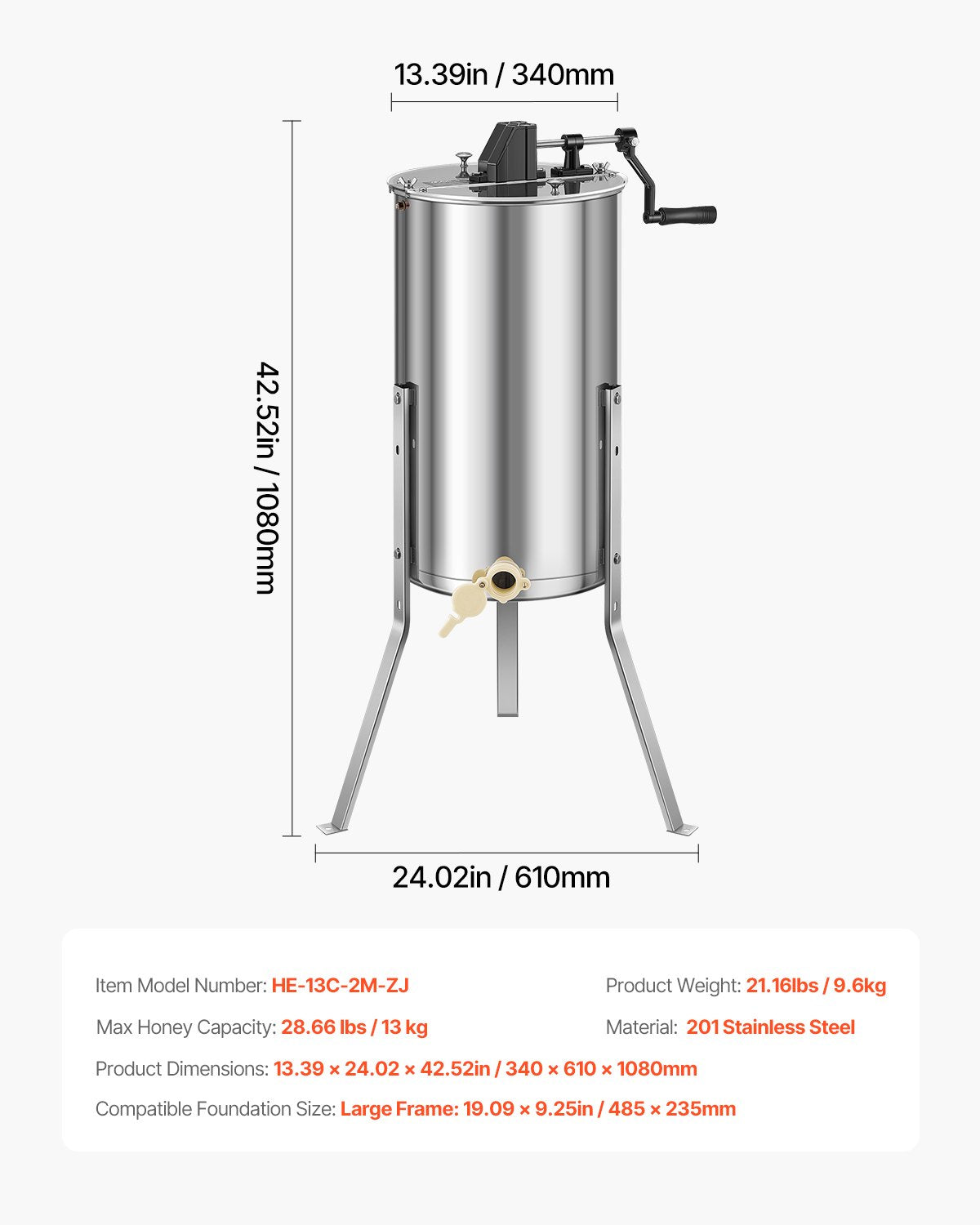 Honey Extractor, 2 Frame Manual Honey Spinner with Transparent Lid, Stainless Steel Honeycomb Drum Spinner V952-SDYMJJPBXG13SWI9S001V0