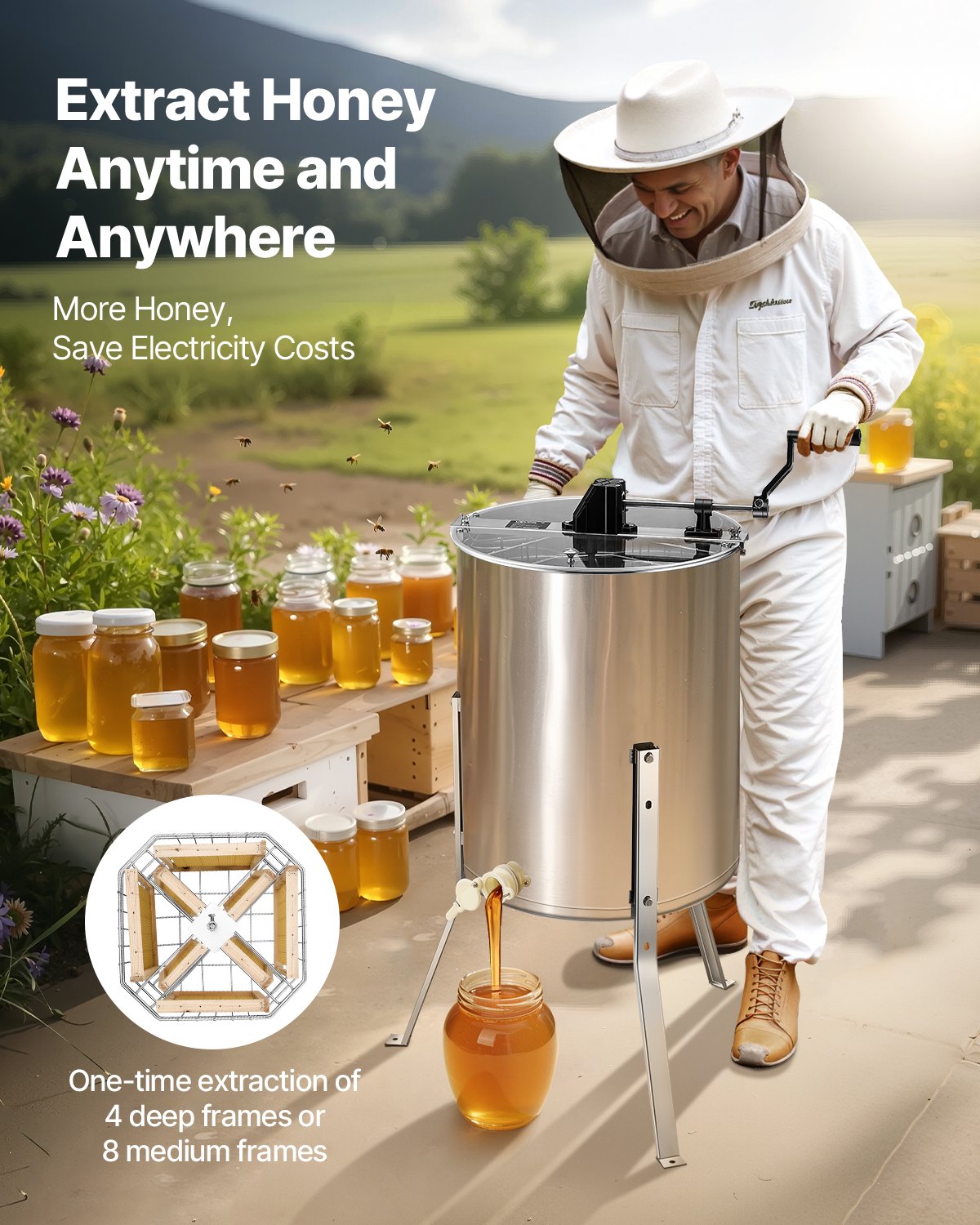 Honey Extractor, 4/8 Frame Manual Honey Spinner with Transparent Lid, Stainless Steel Honeycomb Drum Spinner V952-SDYMJJPBXG18TBE00001V0