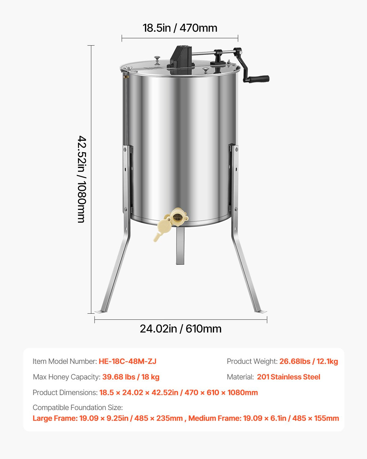 Honey Extractor, 4/8 Frame Manual Honey Spinner with Transparent Lid, Stainless Steel Honeycomb Drum Spinner V952-SDYMJJPBXG18TBE00001V0