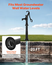 Well Hand Pitcher Pump, 20 ft Max Lift, Antique Cast Iron Manual Hand Water Pump with Heightening Base, NPT V952-SDYSBBTDZZTHXQJRK001V0