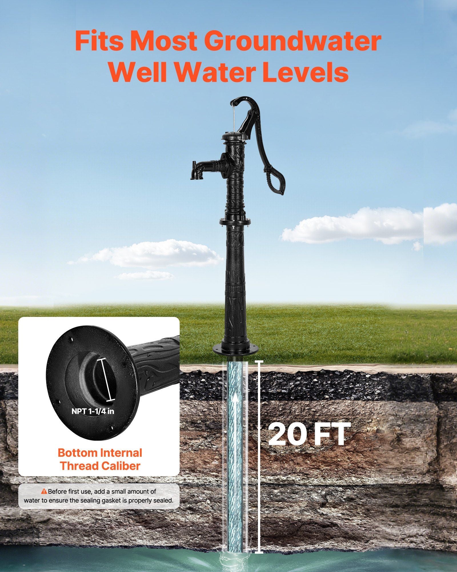 Well Hand Pitcher Pump, 20 ft Max Lift, Antique Cast Iron Manual Hand Water Pump with Heightening Base, NPT V952-SDYSBBTDZZTHXQJRK001V0