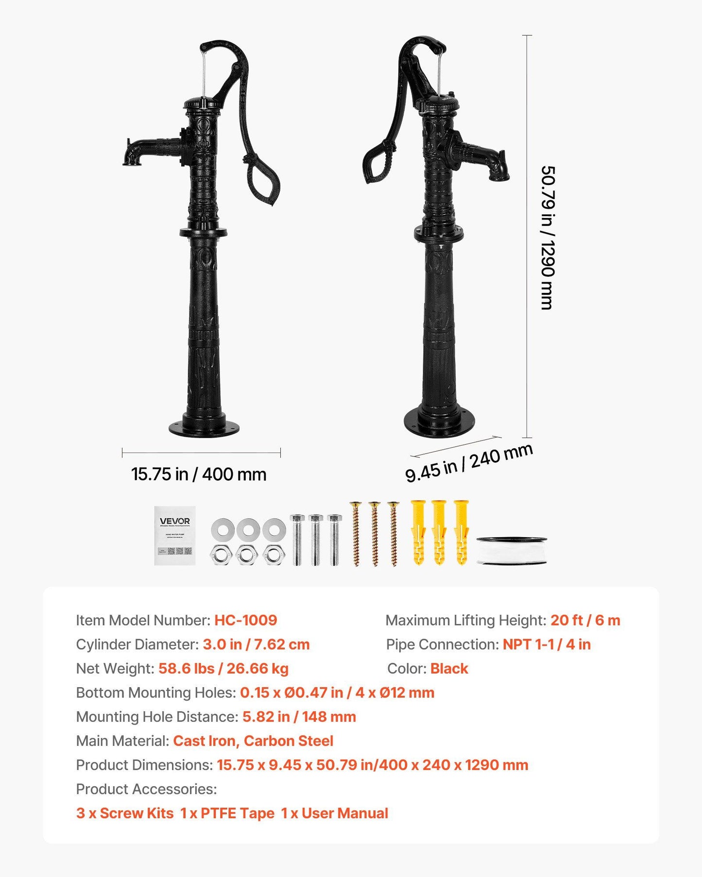 Well Hand Pitcher Pump, 20 ft Max Lift, Antique Cast Iron Manual Hand Water Pump with Heightening Base, NPT V952-SDYSBBTDZZTHXQJRK001V0