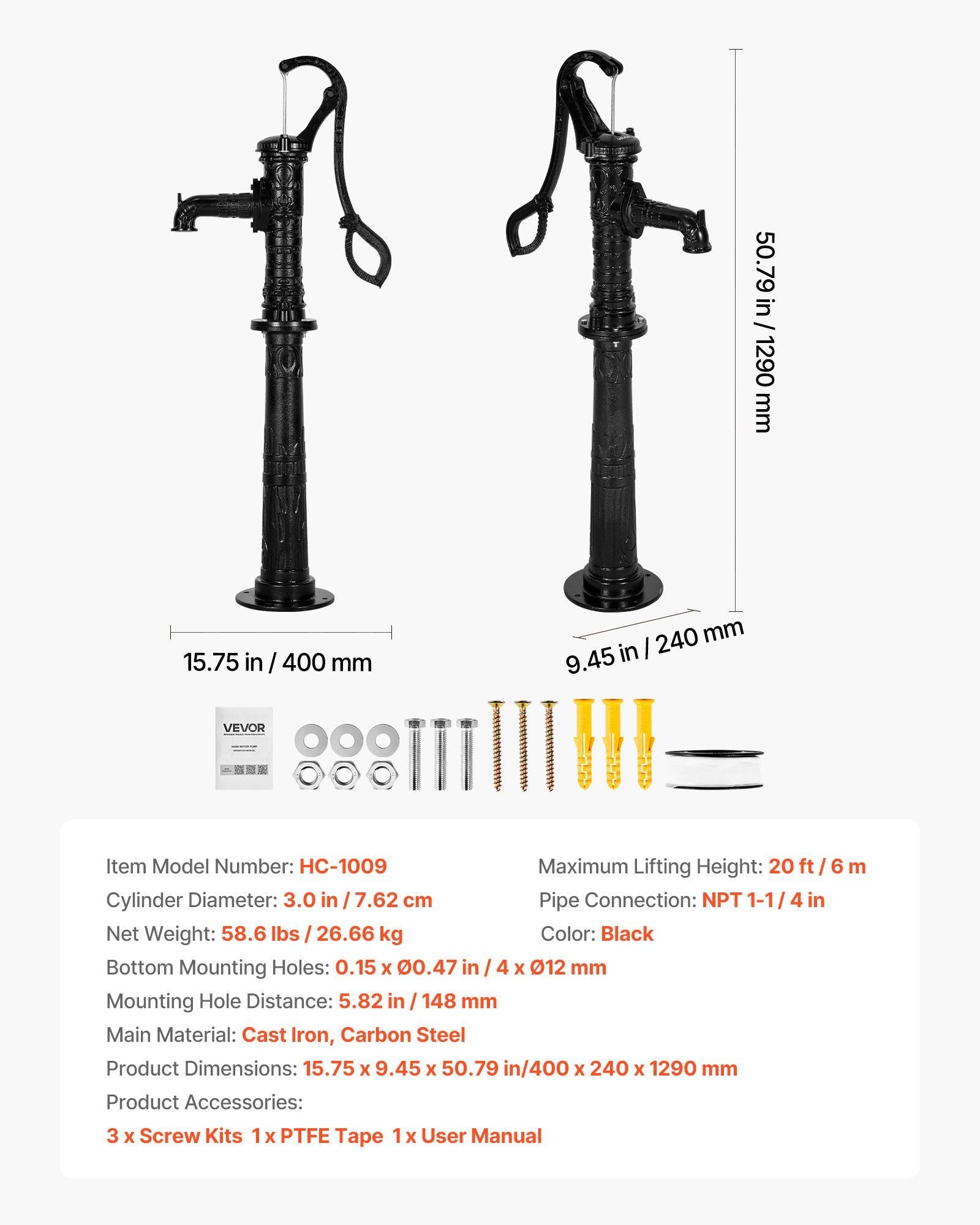 Well Hand Pitcher Pump, 20 ft Max Lift, Antique Cast Iron Manual Hand Water Pump with Heightening Base, NPT V952-SDYSBBTDZZTHXQJRK001V0