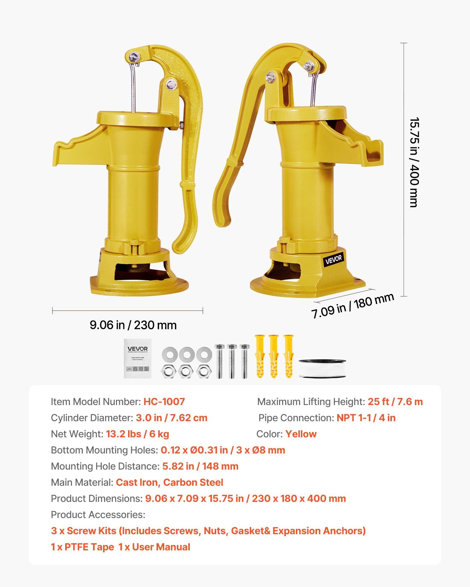 Well Hand Pitcher Pump, 25 ft Maximum Lift, Antique Cast Iron Manual Hand Water Pump, NPT 1-1/4 in V952-SDYSBBTZTHS08KJEY001V0