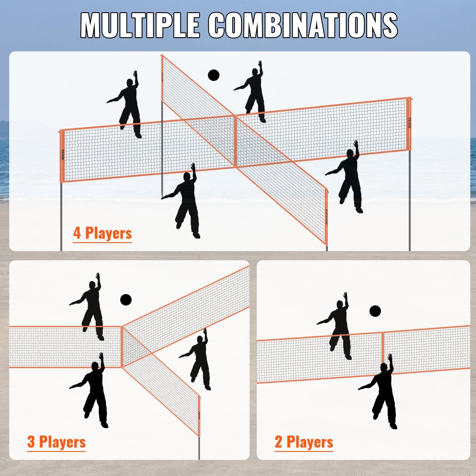 4-Way Volleyball Net, Adjustable Height Badminton Net Set for Backyard Beach Lawn, Outdoor Portable V952-SFPQW1414YC0XFM07V0