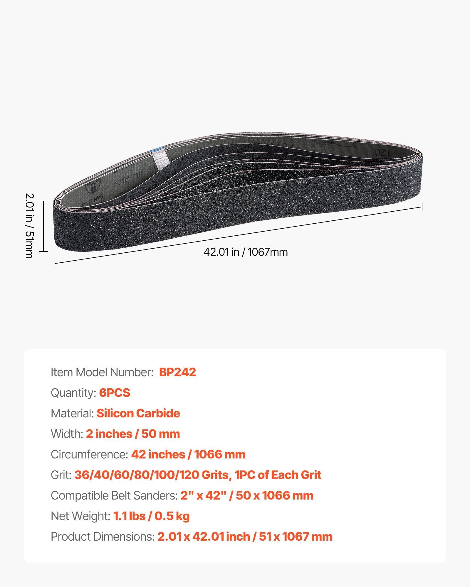 Sanding Belts, 50mm x 1066mm Belt Sander Sanding Belts, 6 PCS (Each of 36 40 60 80 100 120 Assorted Grits) V952-SGDTHG510TSG26OOE001V0