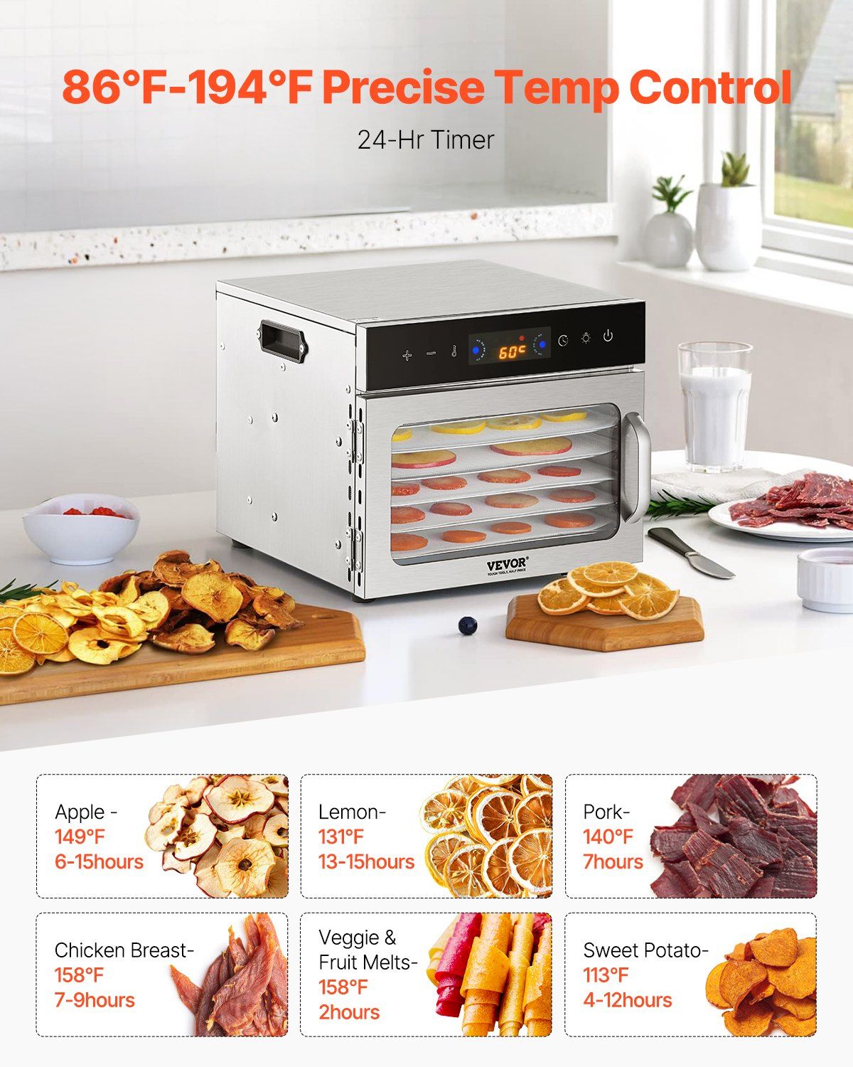 Food Dehydrator Machine, 6 Stainless Steel Trays, 400W Electric Food Dryer with Adjustable Temperature & V952-SGHGJ400W6G01Z5W8V3