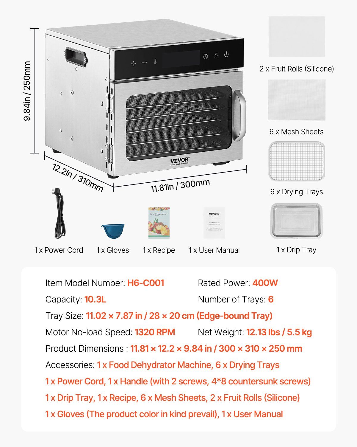 Food Dehydrator Machine, 6 Stainless Steel Trays, 400W Electric Food Dryer with Adjustable Temperature & V952-SGHGJ400W6G01Z5W8V3