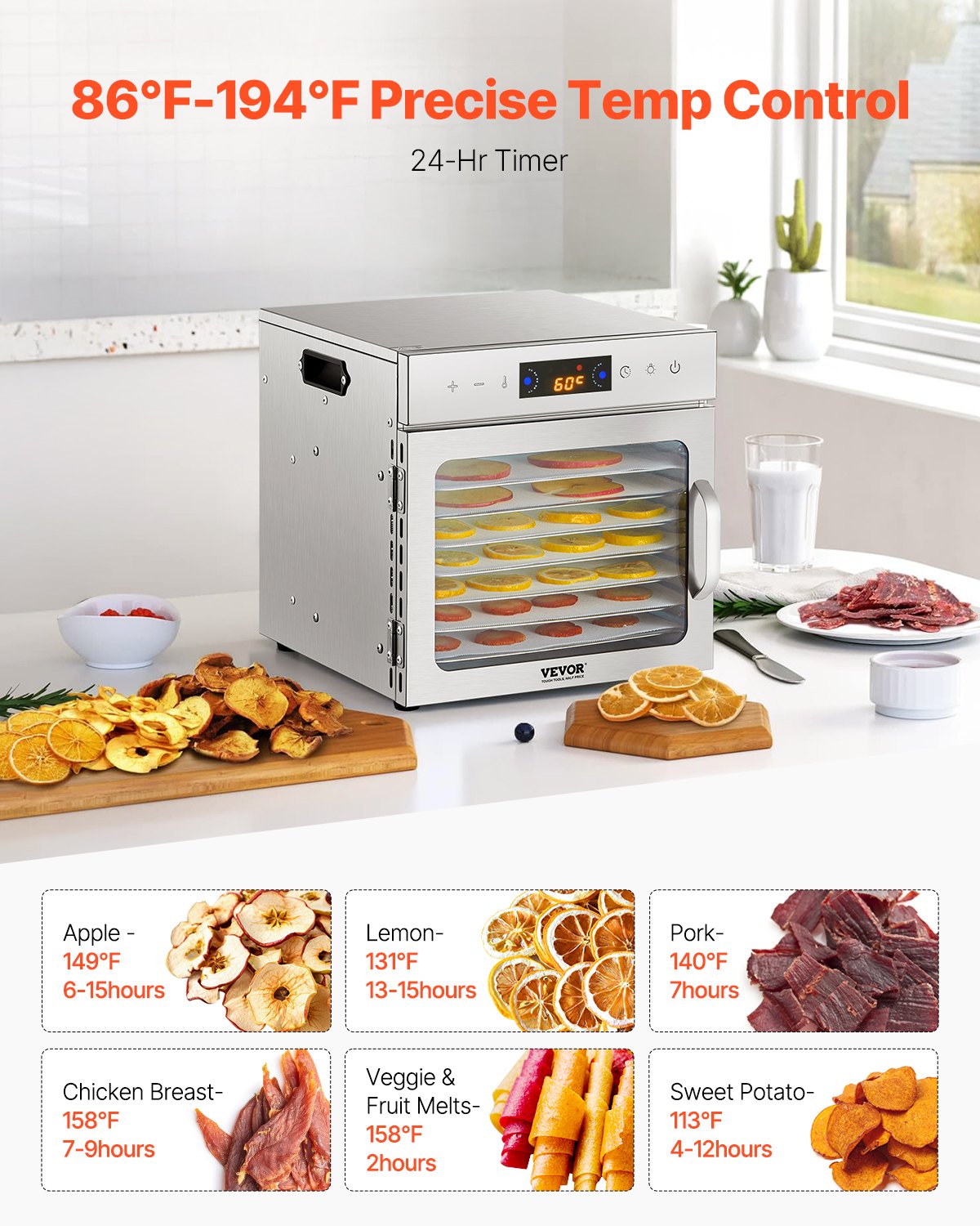 Food Dehydrator Machine, 8 Stainless Steel Trays, 400W Electric Food Dryer with Adjustable Temperature & V952-SGHGJ400W8CTHLWETV3