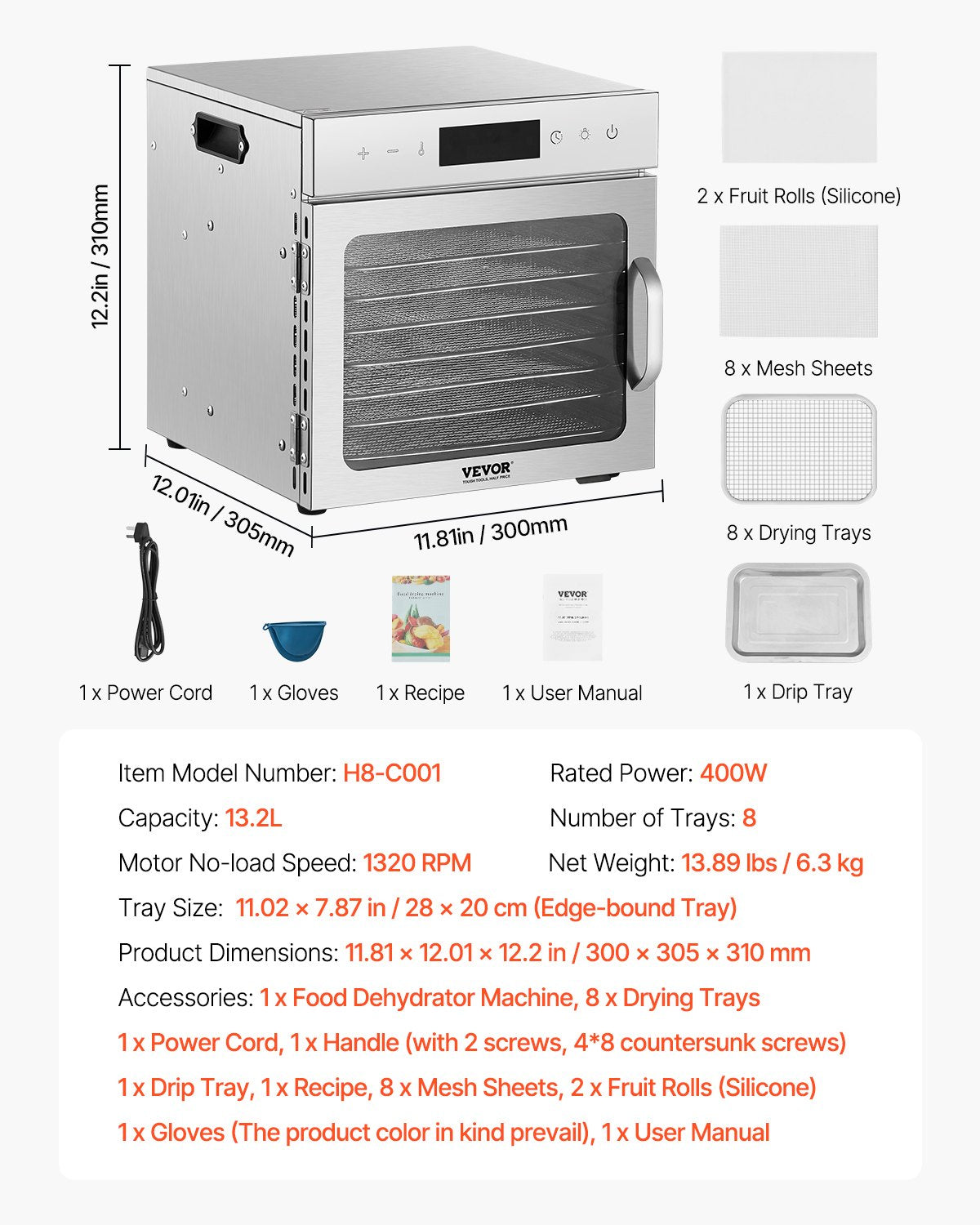 Food Dehydrator Machine, 8 Stainless Steel Trays, 400W Electric Food Dryer with Adjustable Temperature & V952-SGHGJ400W8CTHLWETV3