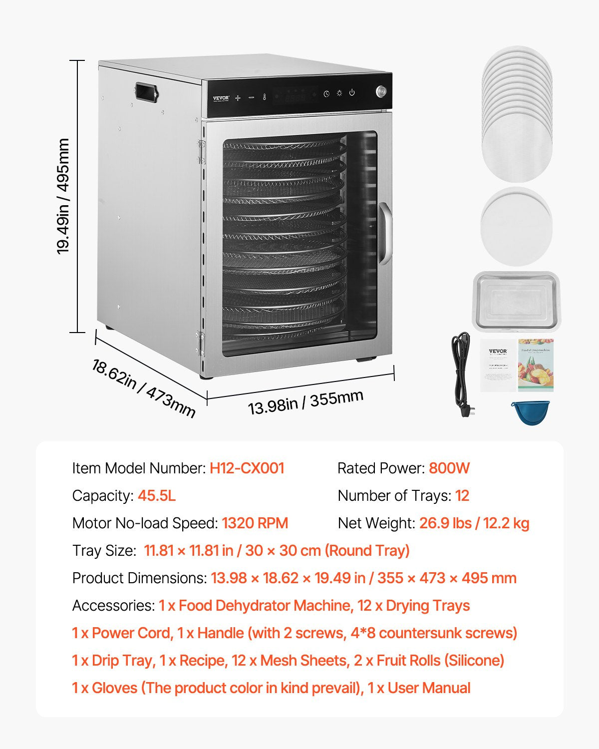 12 Trays Rotary Food Dehydrator Machine Stainless Steel 800W Fruit Drying V952-SGHGJ800W12CKZAQ8V3