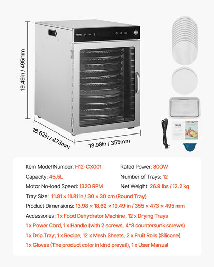 12 Trays Rotary Food Dehydrator Machine Stainless Steel 800W Fruit Drying V952-SGHGJ800W12CKZAQ8V3