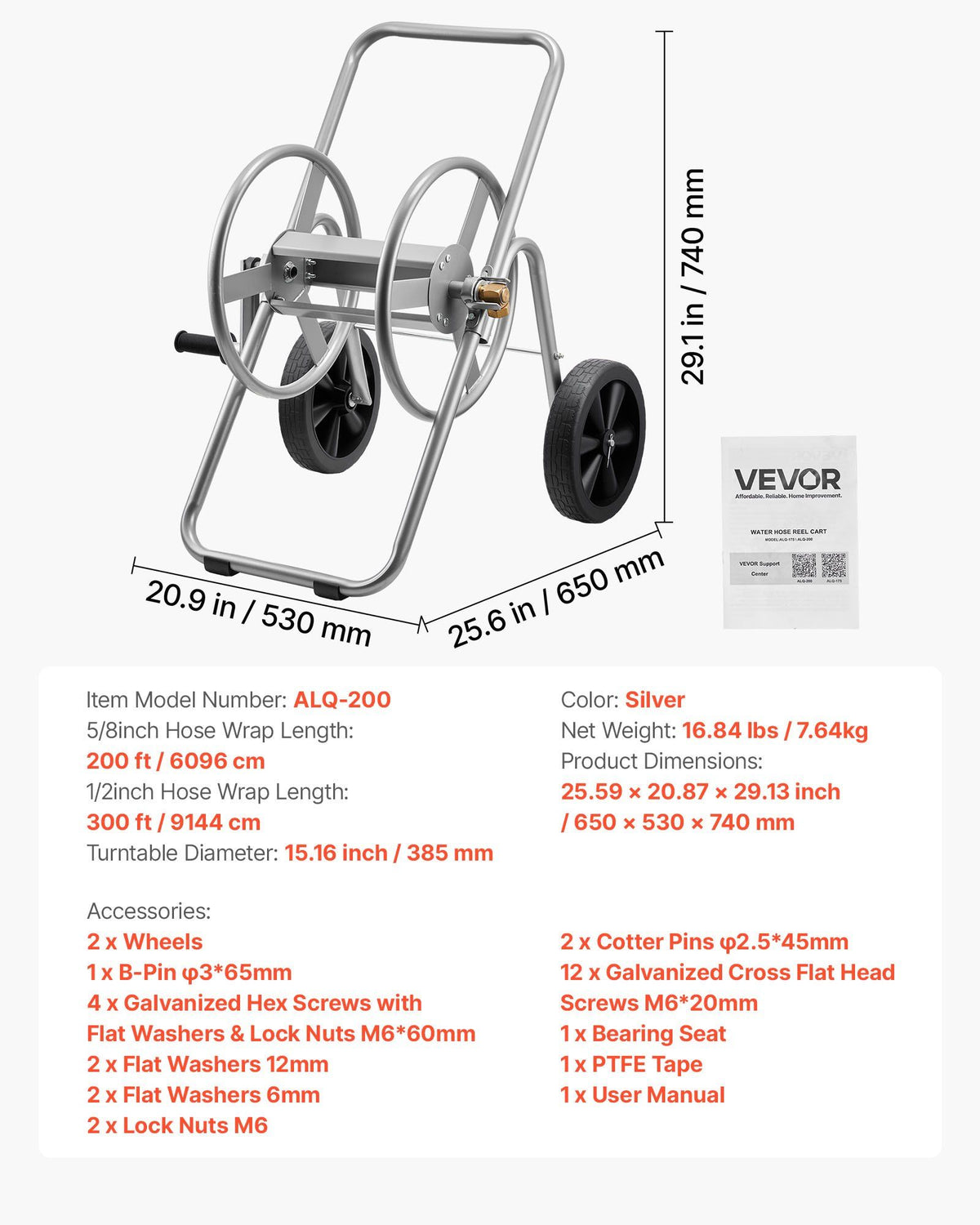Water Hose Reel Cart, 6096/9144 cm High-Pressure Garden Hose Cart, Hoses Reel Carts with Two Wheels, Handle & V952-SGJPC2JLTG20Y0269001V0