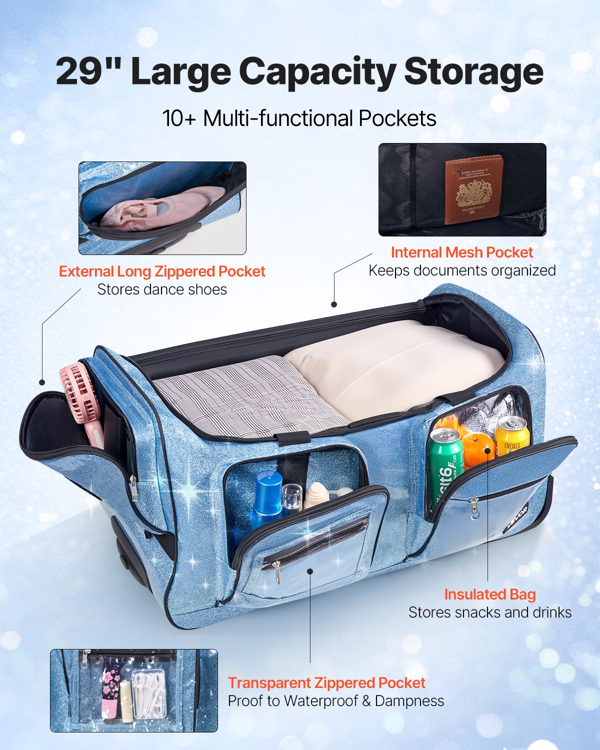Dance Bag with Garment Rack, 736.6 mm Rolling Dance Duffel, with Wheels, USB Port, Height Adjustable Clothes V952-SGMLDYJDWDD2DIMNH001V0