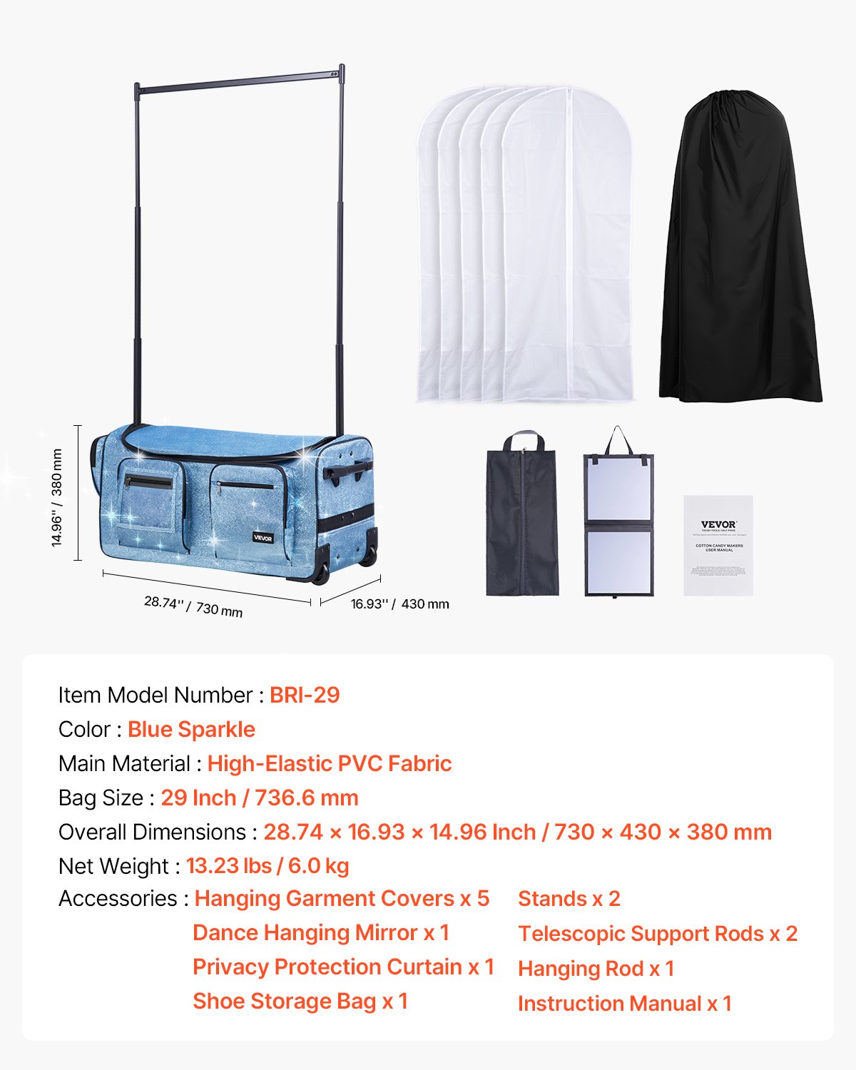 Dance Bag with Garment Rack, 736.6 mm Rolling Dance Duffel, with Wheels, USB Port, Height Adjustable Clothes V952-SGMLDYJDWDD2DIMNH001V0