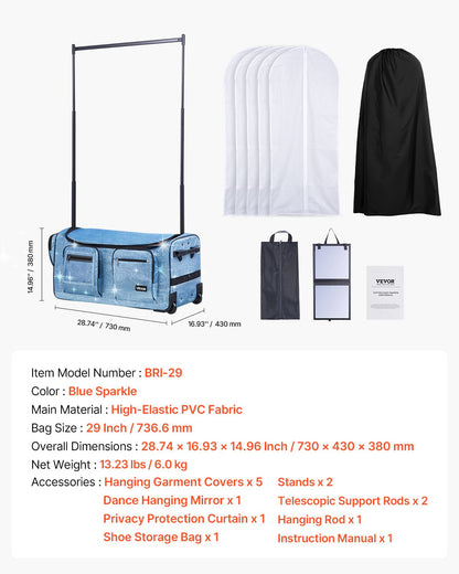 Dance Bag with Garment Rack, 736.6 mm Rolling Dance Duffel, with Wheels, USB Port, Height Adjustable Clothes V952-SGMLDYJDWDD2DIMNH001V0