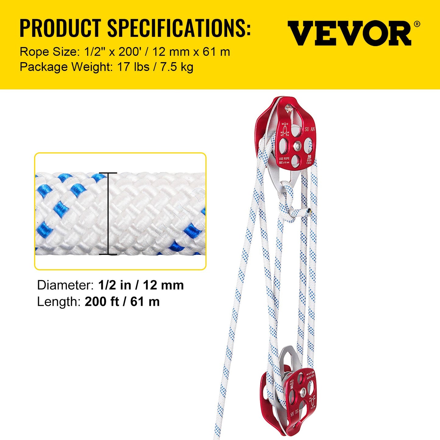 Twin Sheave Block and Tackle 1.09-1.27cm 3048-6096cm Twin Sheave Block with Braid Rope 30-35KN 2994-3495KGS V952-SHLSJTZ12MM61MJLSV0
