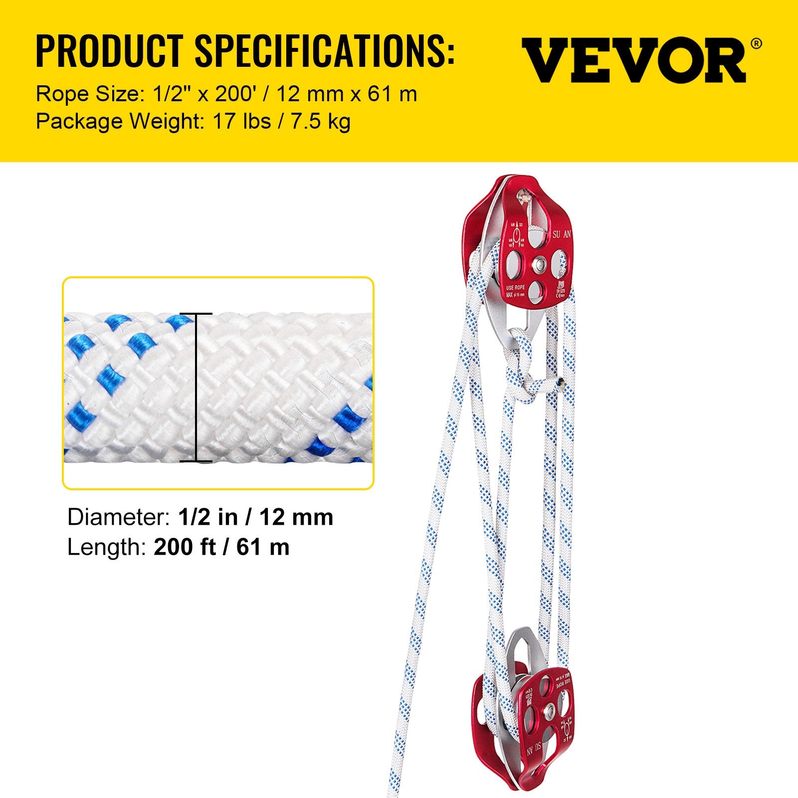 Twin Sheave Block and Tackle 1.09-1.27cm 3048-6096cm Twin Sheave Block with Braid Rope 30-35KN 2994-3495KGS V952-SHLSJTZ12MM61MJLSV0