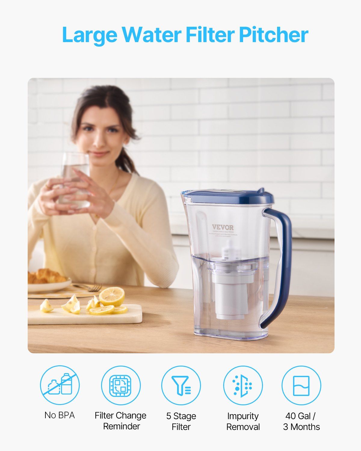Water Filter Pitcher, 9 Cup 5-stage Water Filter Dispenser, Fast Filtration System with Filter Change V952-SHXLSGSL14LYK0BZAV9