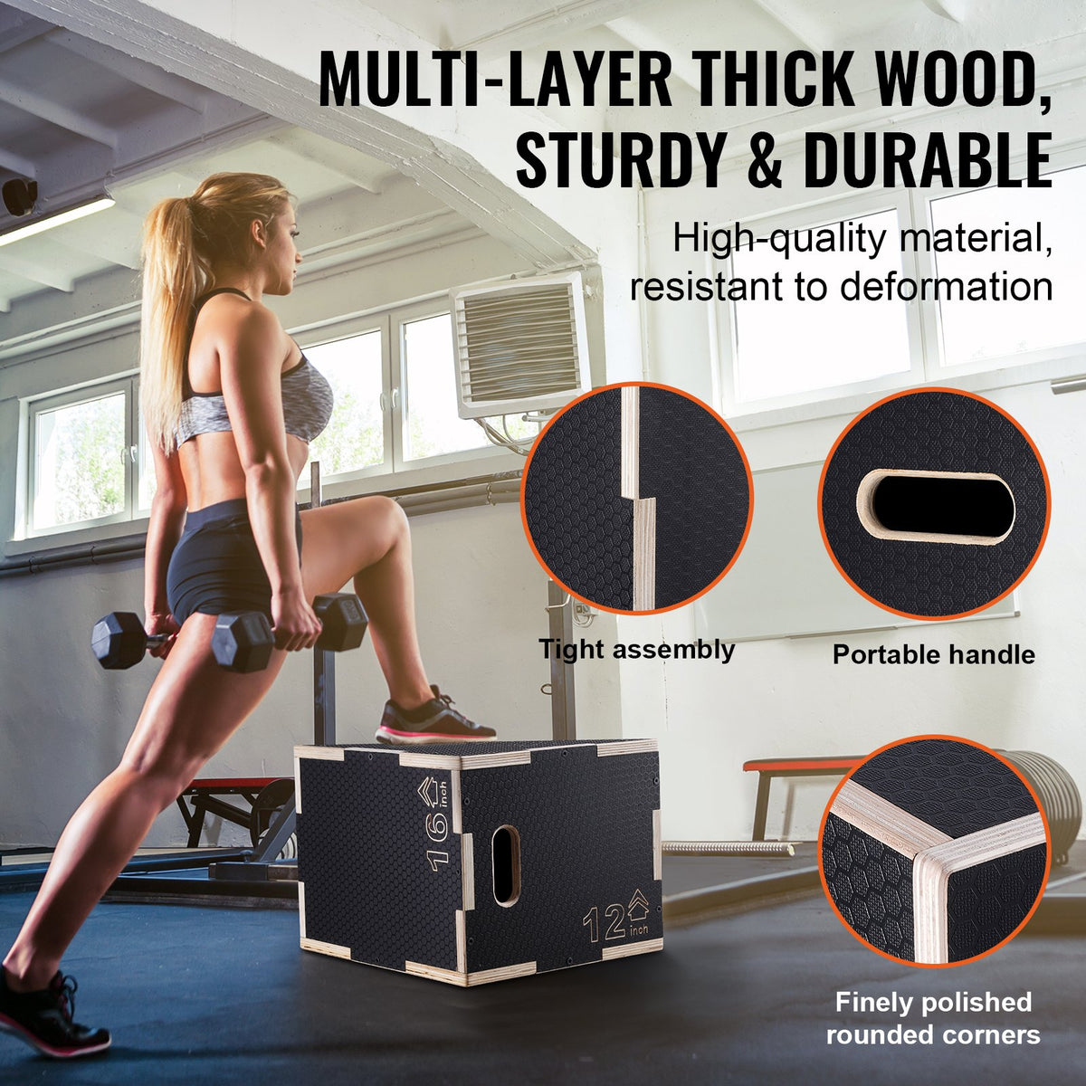 3 in 1 Plyometric Jump Box, 16/14/12 Inch Wooden Plyo Box, Platform & Jumping Agility Box, Anti-Slip Fitness V952-SHYTX161412Y7DDXDV0