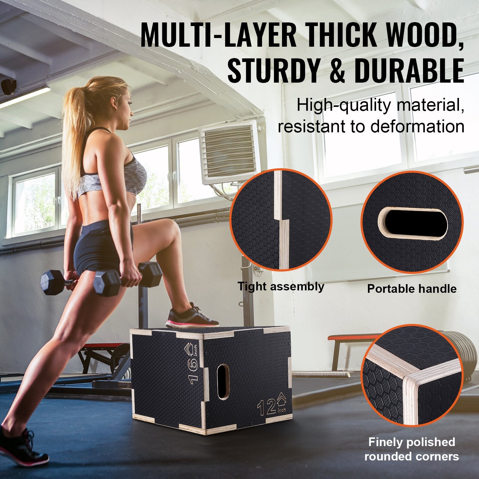 3 in 1 Plyometric Jump Box, 16/14/12 Inch Wooden Plyo Box, Platform & Jumping Agility Box, Anti-Slip Fitness V952-SHYTX161412Y7DDXDV0