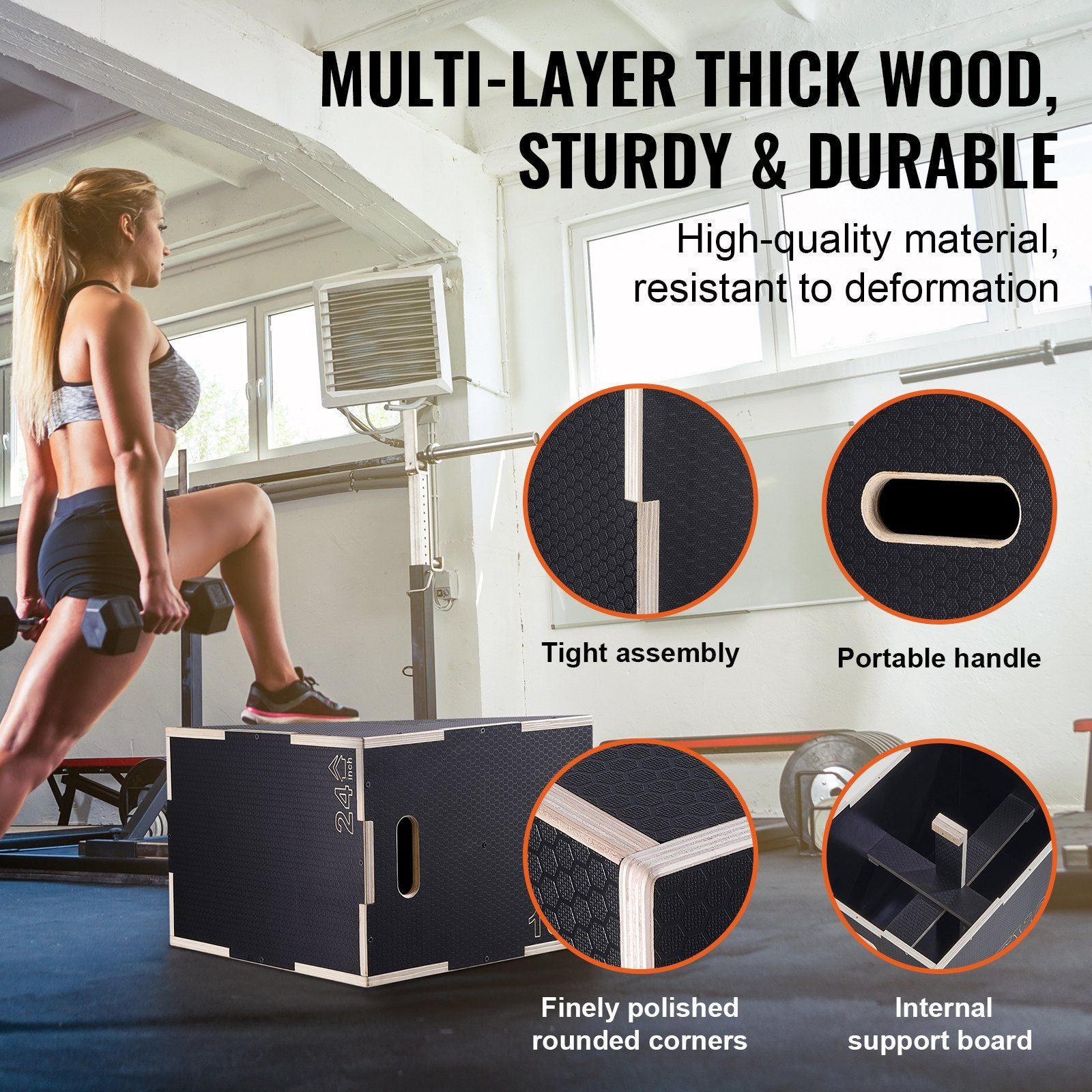 3 in 1 Plyometric Jump Box, 24/20/16 Inch Wooden Plyo Box, Platform & Jumping Agility Box, Anti-Slip Fitness V952-SHYTX242016YZO8I2V0