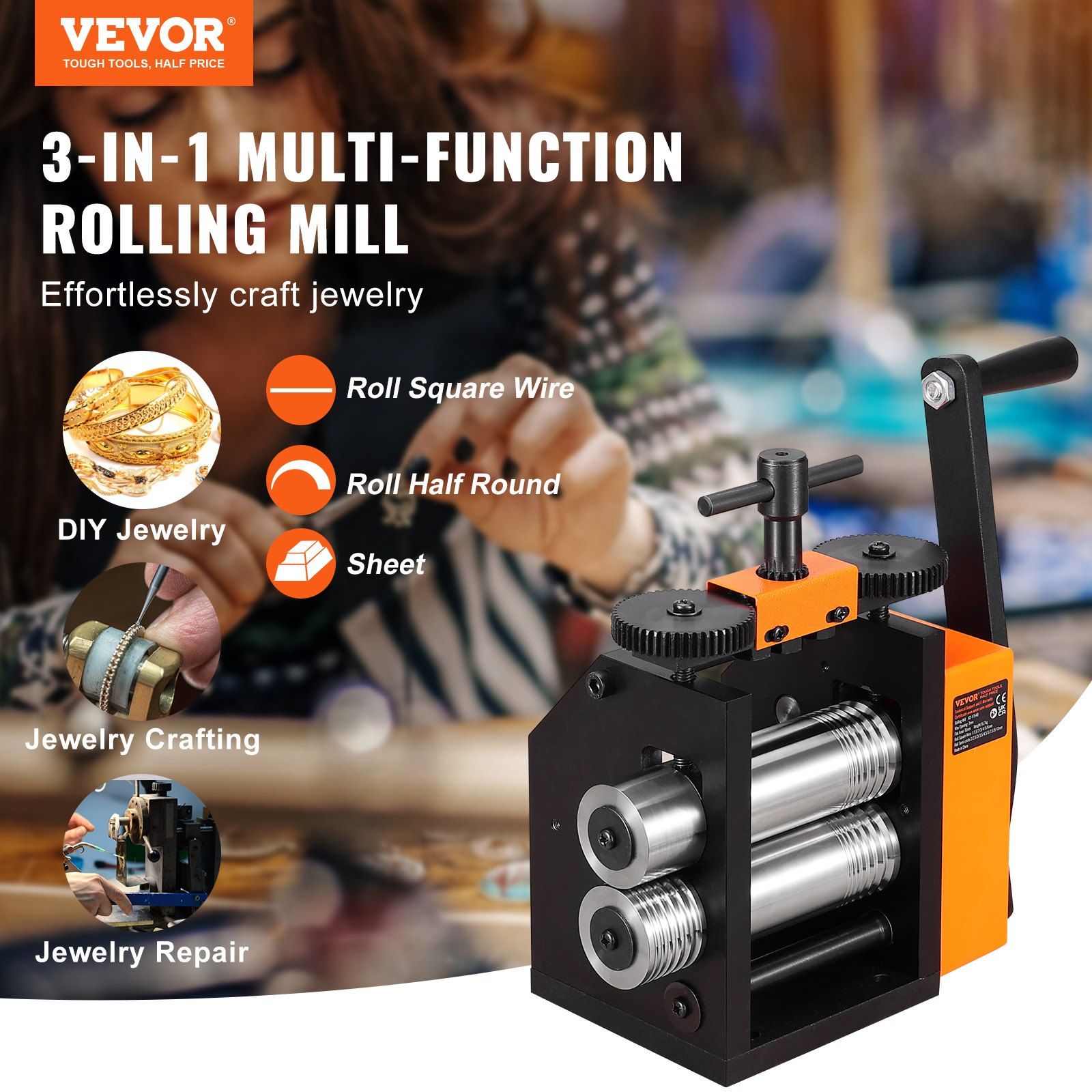 Rolling Mill, 3"/76 mm Jewelry Rolling Mill Machine, 1: 2 Gear Ratio, 3-in-1 Multi-function Rolling Mill, V952-SHYYPJ3H10000SGWWV0