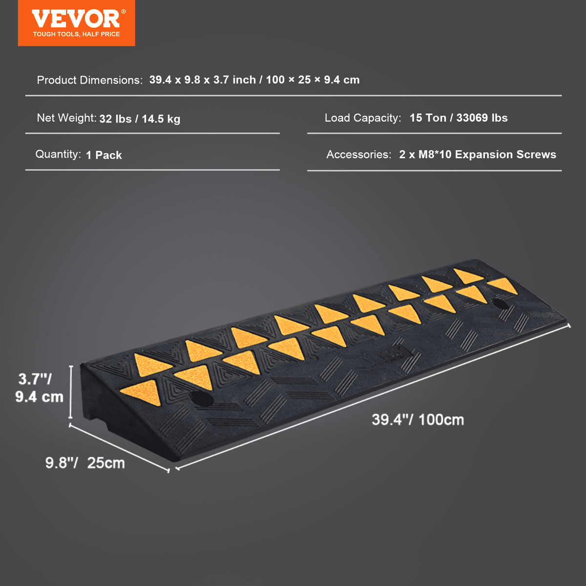 Rubber Curb Ramp 9.4 cm Rise Height Sidewalk Curb Ramp, 25 cm Width 100 cm Length Driveway Ramp for Curb, 15T V952-SJDLYPDGB139420KPV0