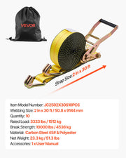 Ratchet Straps, 50.8 mm x 9.1 m, Heavy Duty Tie Down Straps with Double J Hook, 4536 kg Break Strength, Tie V952-SJGJLD2X3010VZ6IN001V0