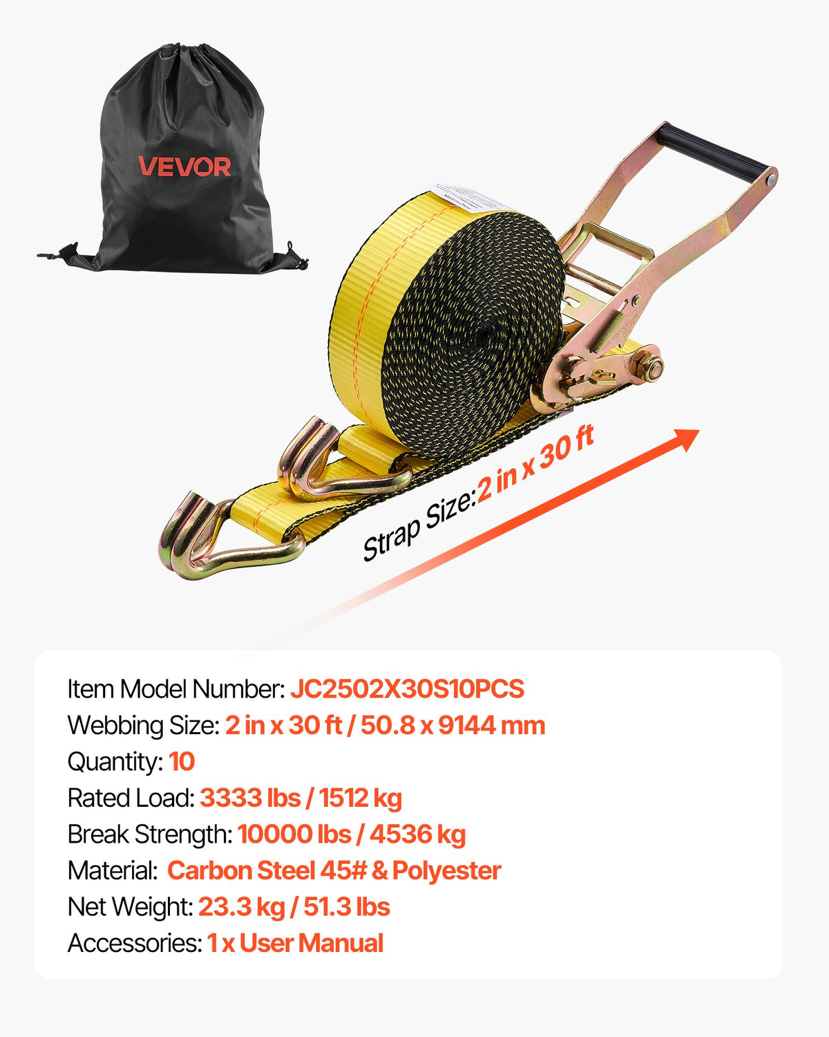 Ratchet Straps, 50.8 mm x 9.1 m, Heavy Duty Tie Down Straps with Double J Hook, 4536 kg Break Strength, Tie V952-SJGJLD2X3010VZ6IN001V0