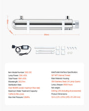 UV Water Purifier, 12W 1GPM, 220V Versatile Ultraviolet Water Purifier Filter with Stainless Steel Housing, V952-SJHXTUV12W4GEMV6YV3